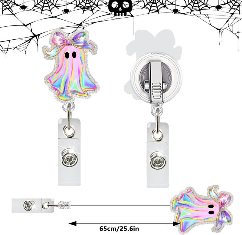 NSSHEL Halloween Badge Reel Retractable ID Name Holder Fun Cute Ghost with Bow Badge Charm Designs Acrylic Cartoon Spooky ID Badge Holder with Alligator Clip for Students Nurses Teachers ID Clip - Image 3
